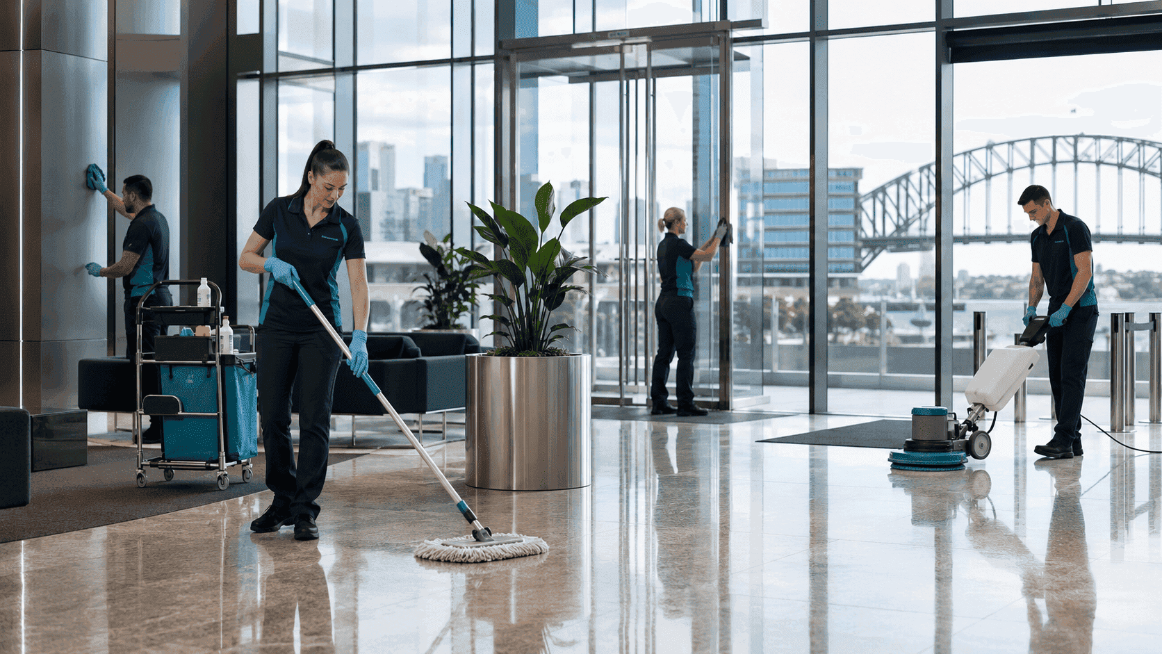 Benny Group Services team cleaning a modern corporate office lobby